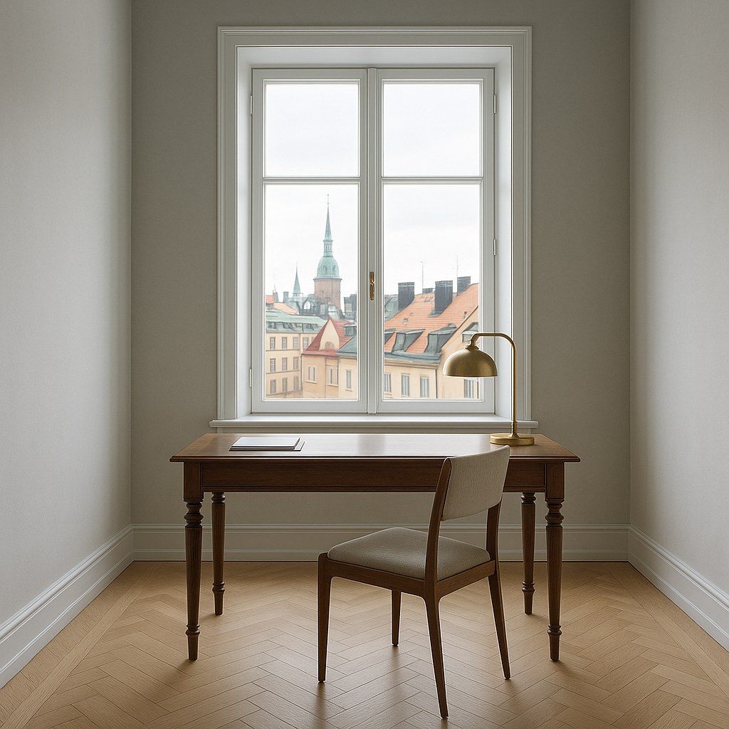 Skrivbord med snidade ben framför ett högt fönster i en våning i Stockholm från Casa Padrino