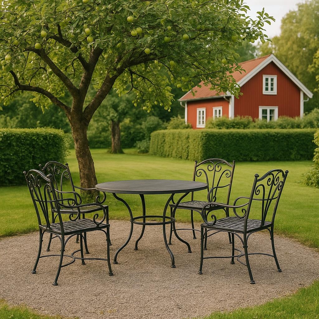 Smidesmöbler i en svensk trädgård med bord och stolar i handsmitt järn från Casa Padrino
