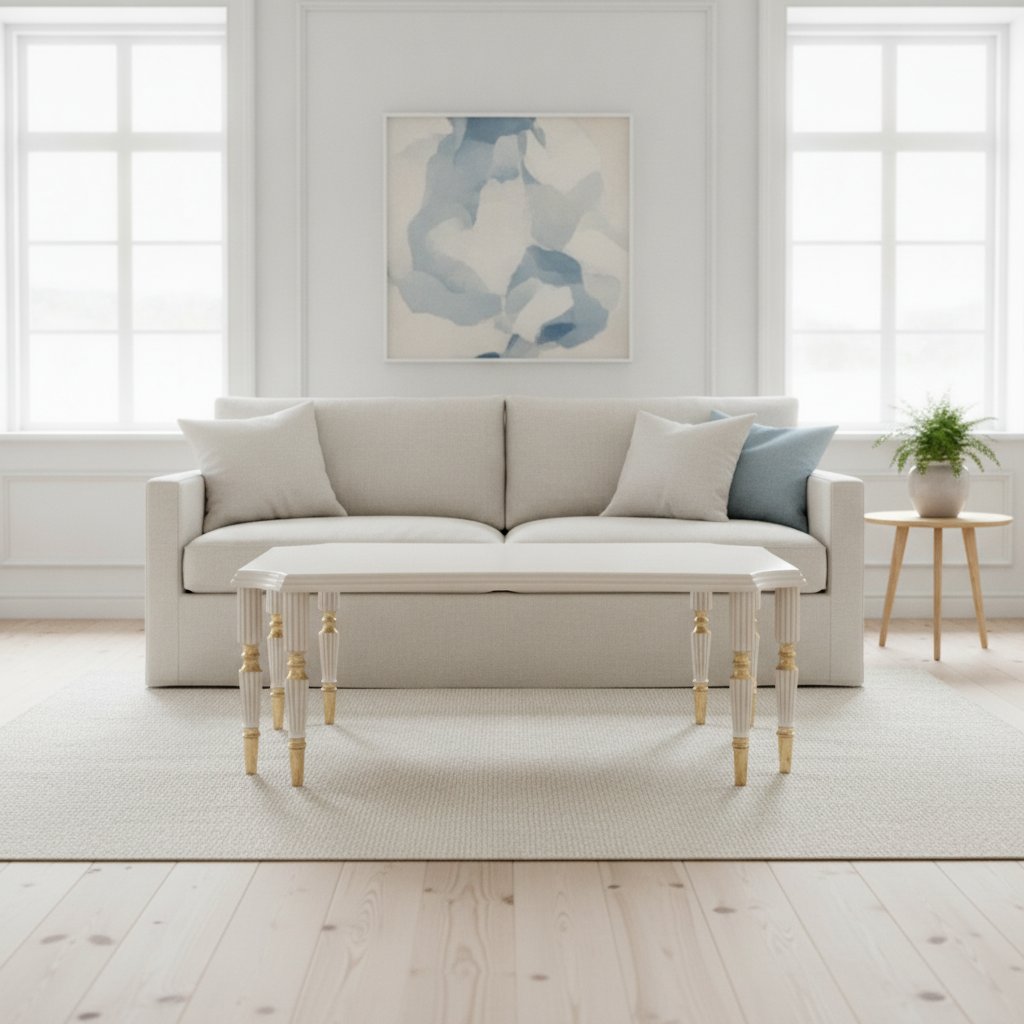 Soffbord i barock i creme och guld framför en ljus soffa i ett svenskt vardagsrum från Casa Padrino
