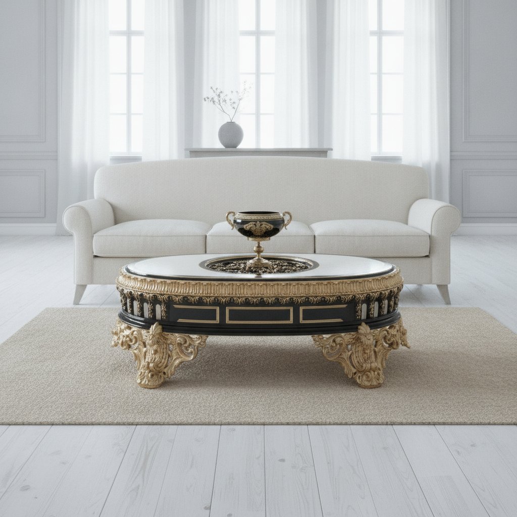 Ovalt soffbord i barock i svart, vitt och guld i ett ljust svenskt vardagsrum från Casa Padrino