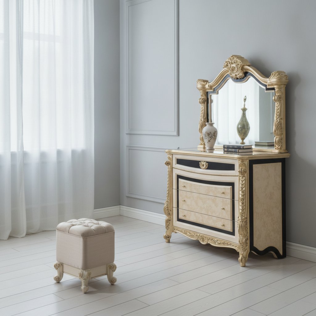 Byrå med spegel och pall i ett sovrum i barock vid ett fönster från Casa Padrino