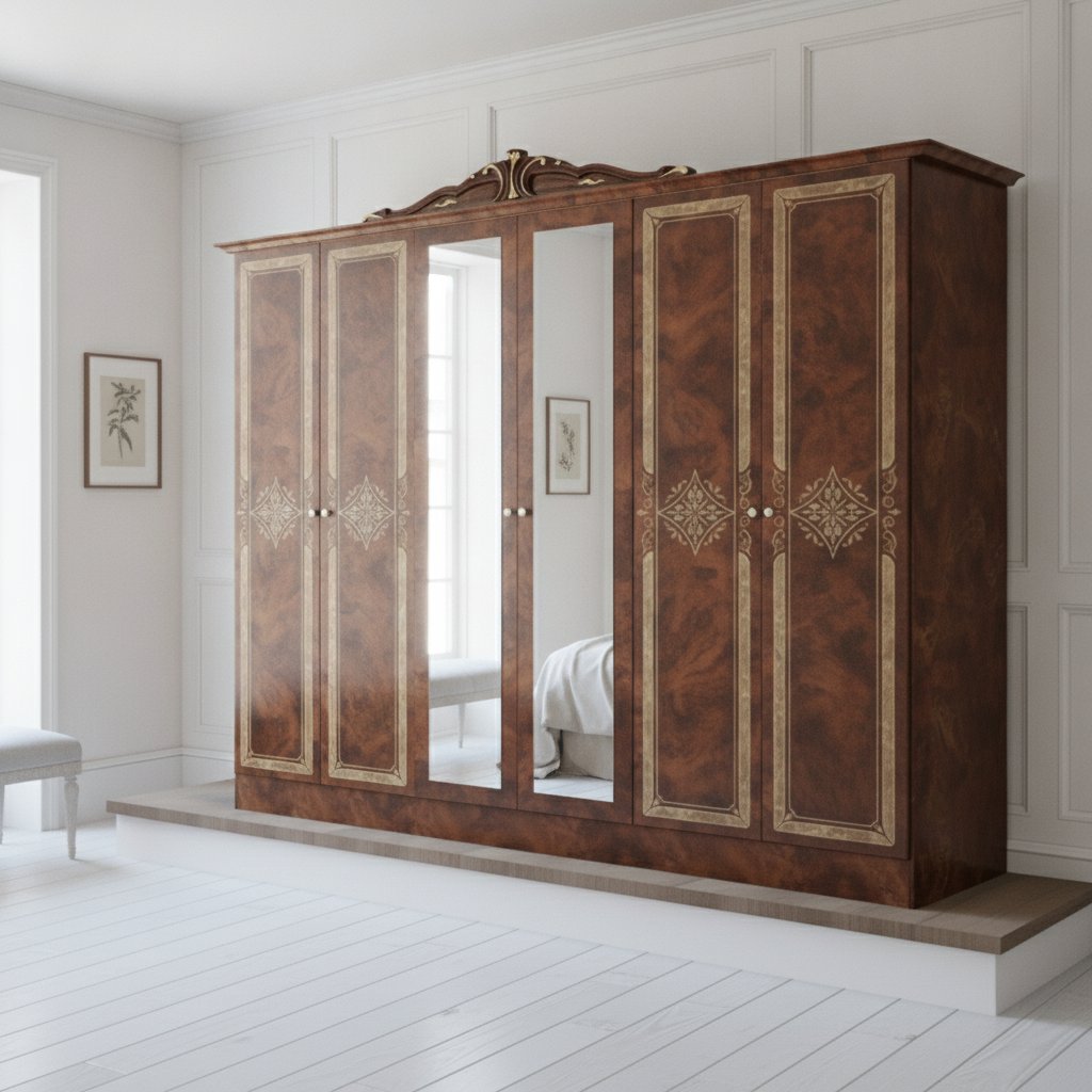 Barockgarderob i brunt och guld i ett ljust sovrum i barock från Casa Padrino