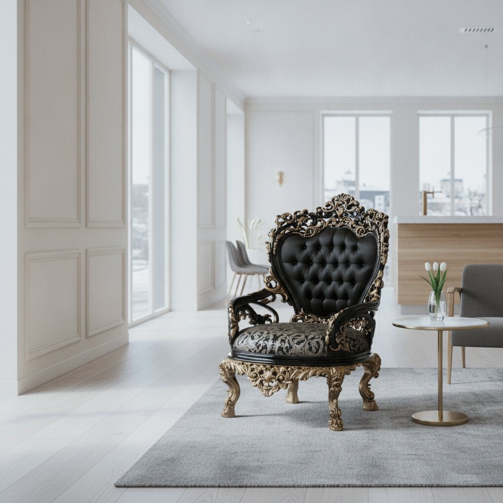 Svarta barockmöbler med guld: fåtölj i svart och guld i en ljus hotellbar från Casa Padrino