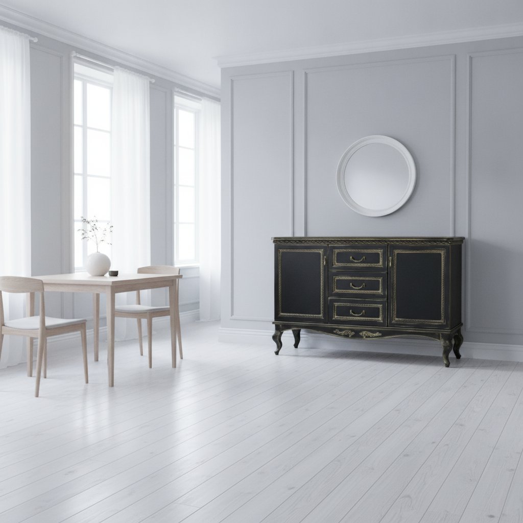 Svarta barockmöbler med guld: sideboard i svart och guld i en ljus matsal från Casa Padrino