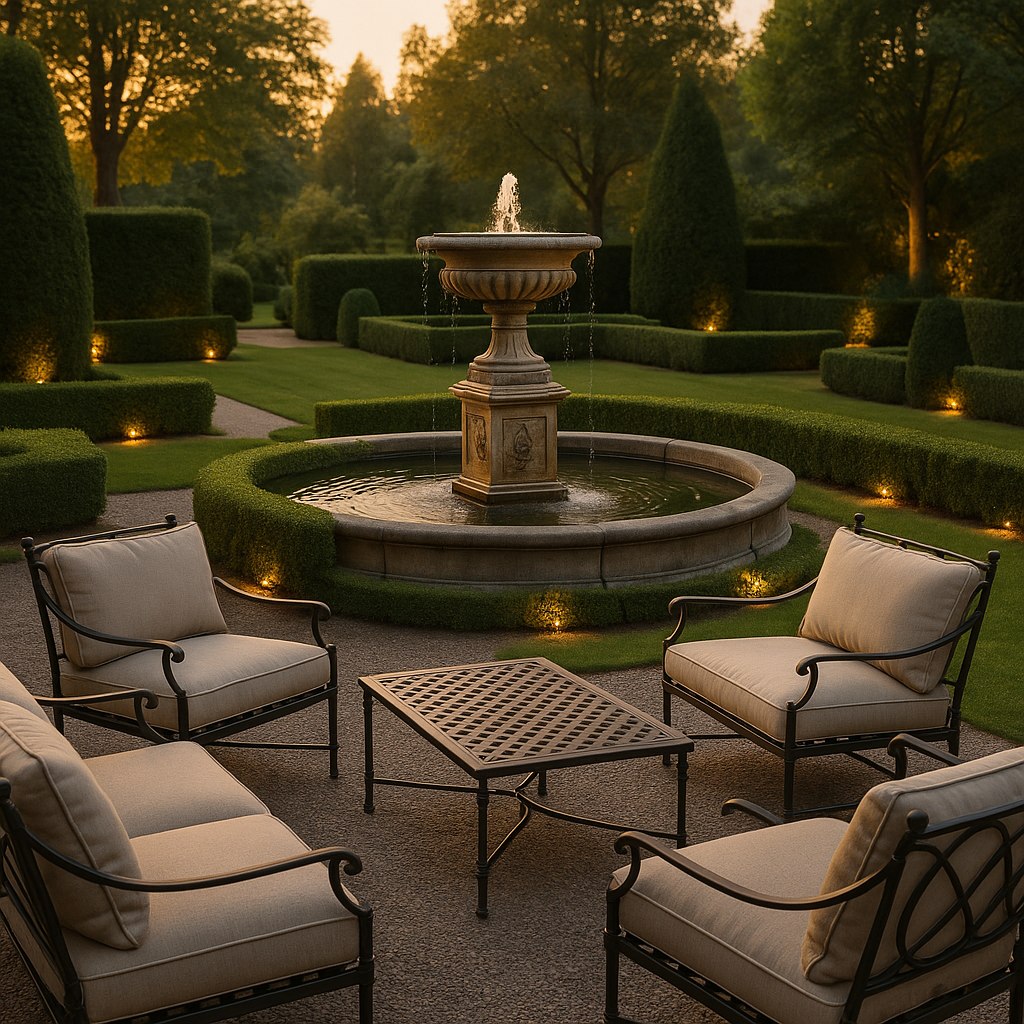 Trädgård i Djursholm med fontän och smidesmöbler från Casa Padrino
