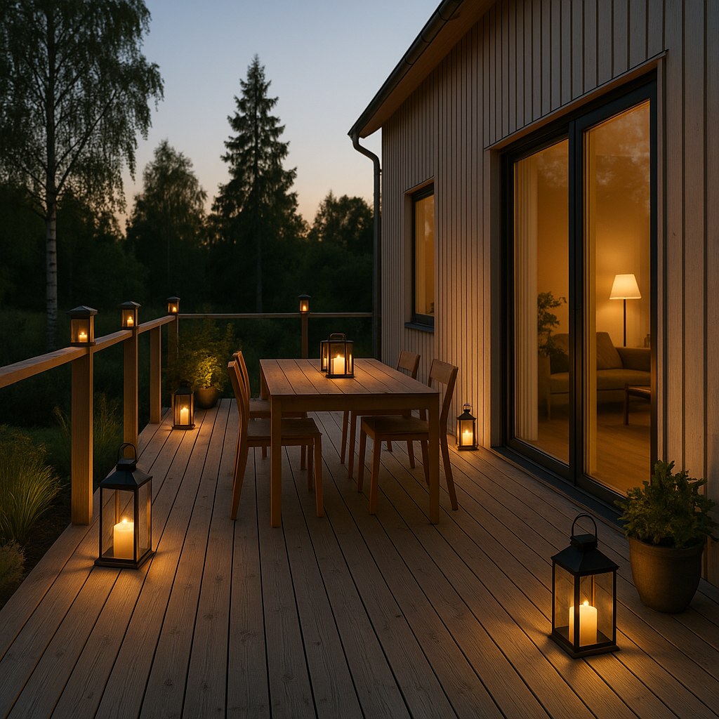 Trädgårdsbelysning och lyktor på en altan med utemöbler i Sverige från Casa Padrino