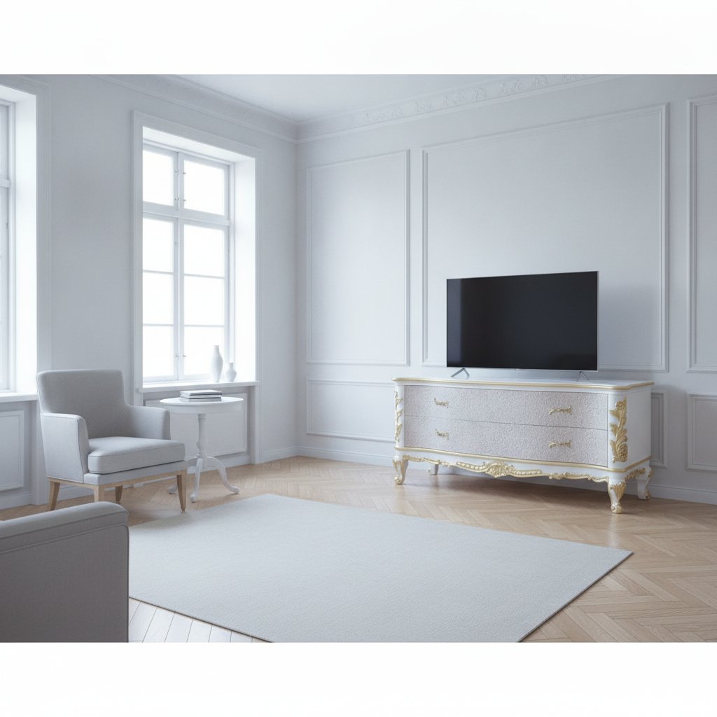 Tv-skåp i barock i vitt och guld med platt-tv i ett ljust svenskt vardagsrum från Casa Padrino