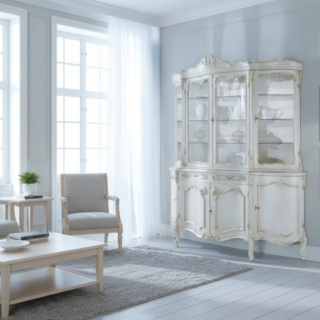 Vitrinskåp i barock i vitt och guld som blickfång i ett ljust svenskt vardagsrum från Casa Padrino