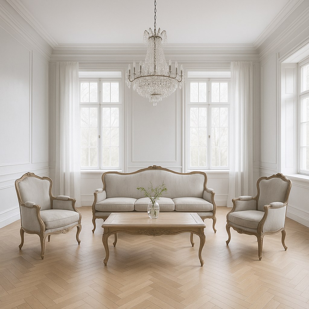 Stort svenskt vardagsrum med barock soffgrupp, soffbord och kristallkrona från Casa Padrino