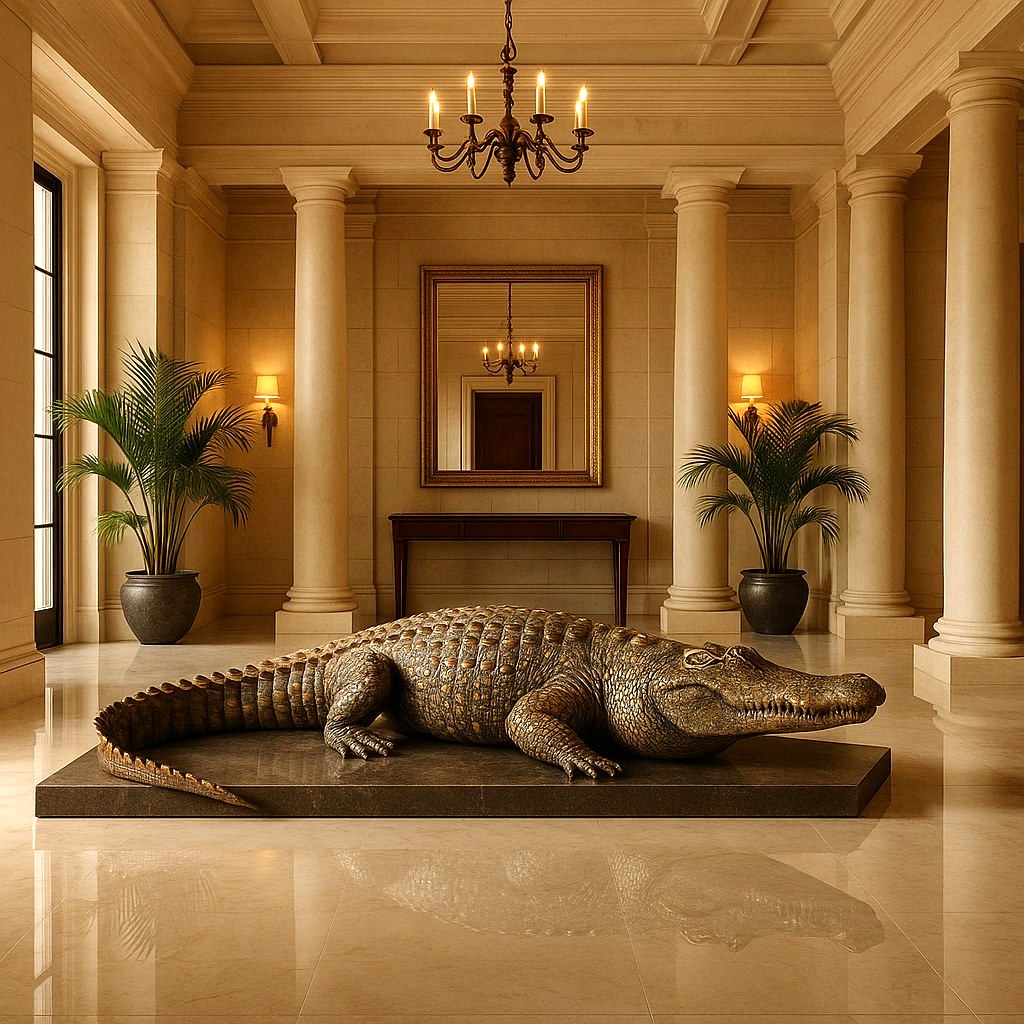 Bronzová socha krokodíla vo vstupnej hale vily od Casa Padrino