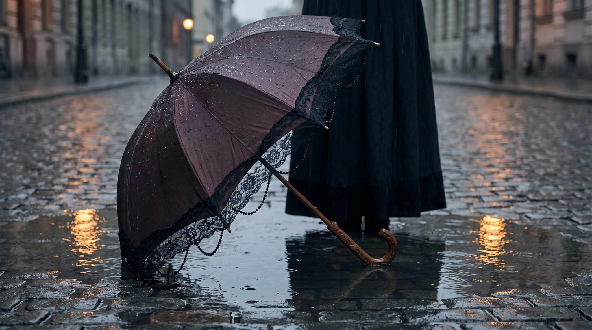 Umbrella and Evening Gown: Protecting Fabric and Avoiding Wet Hems