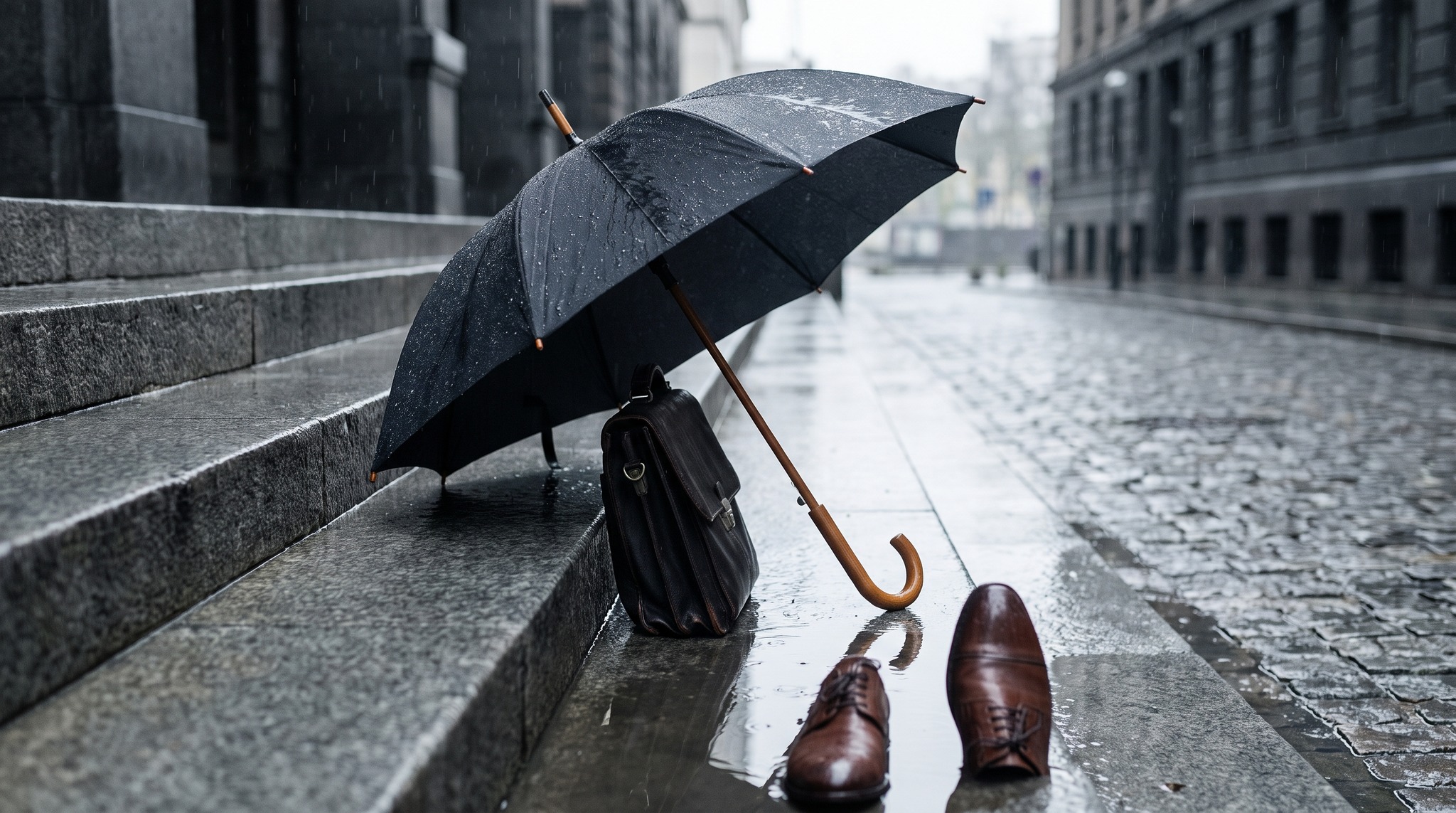 Umbrella and Business Look: Suit, Briefcase and Overall Impression