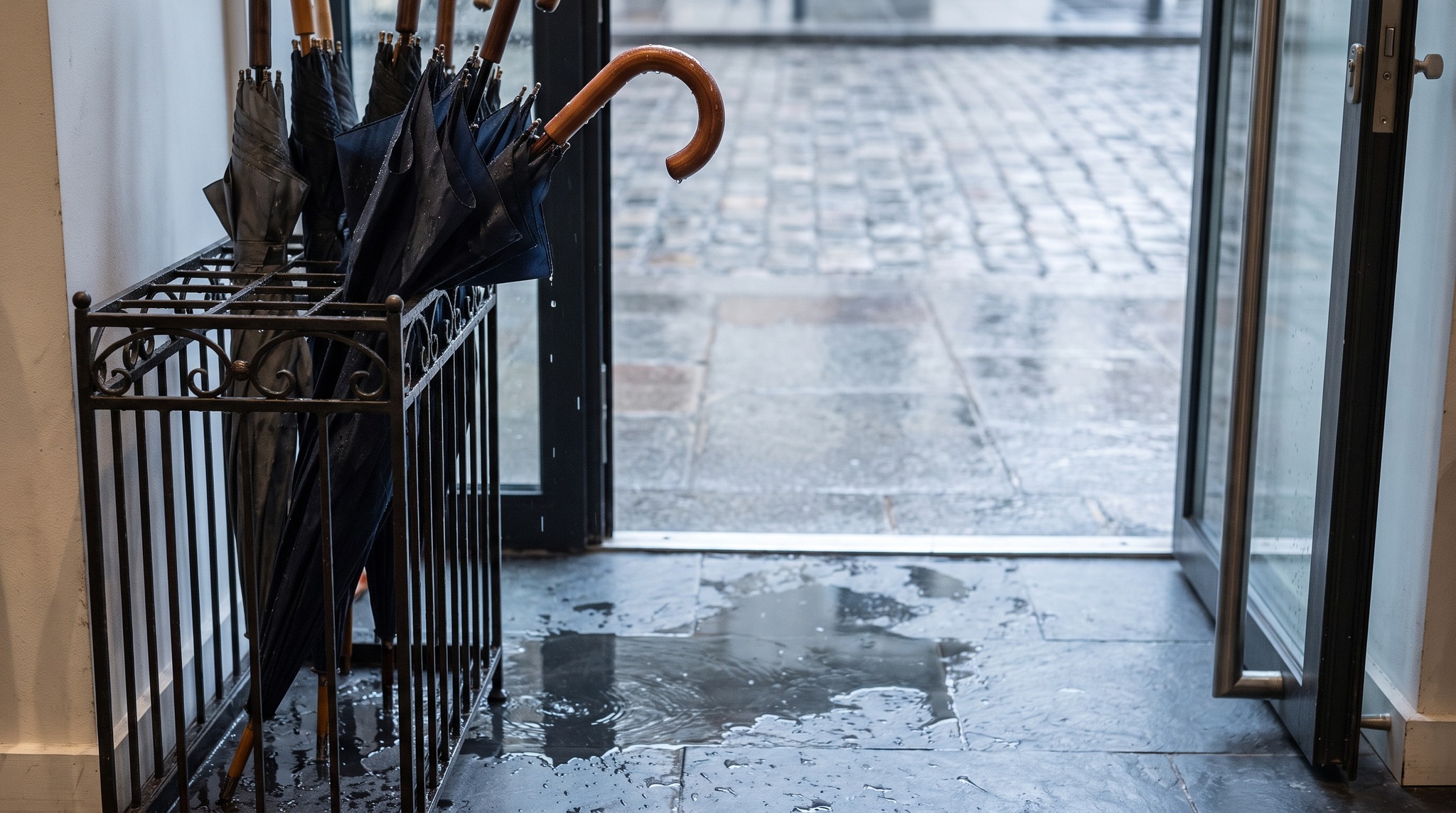 The Umbrella While Shopping: Supermarket, Stand and Wetness