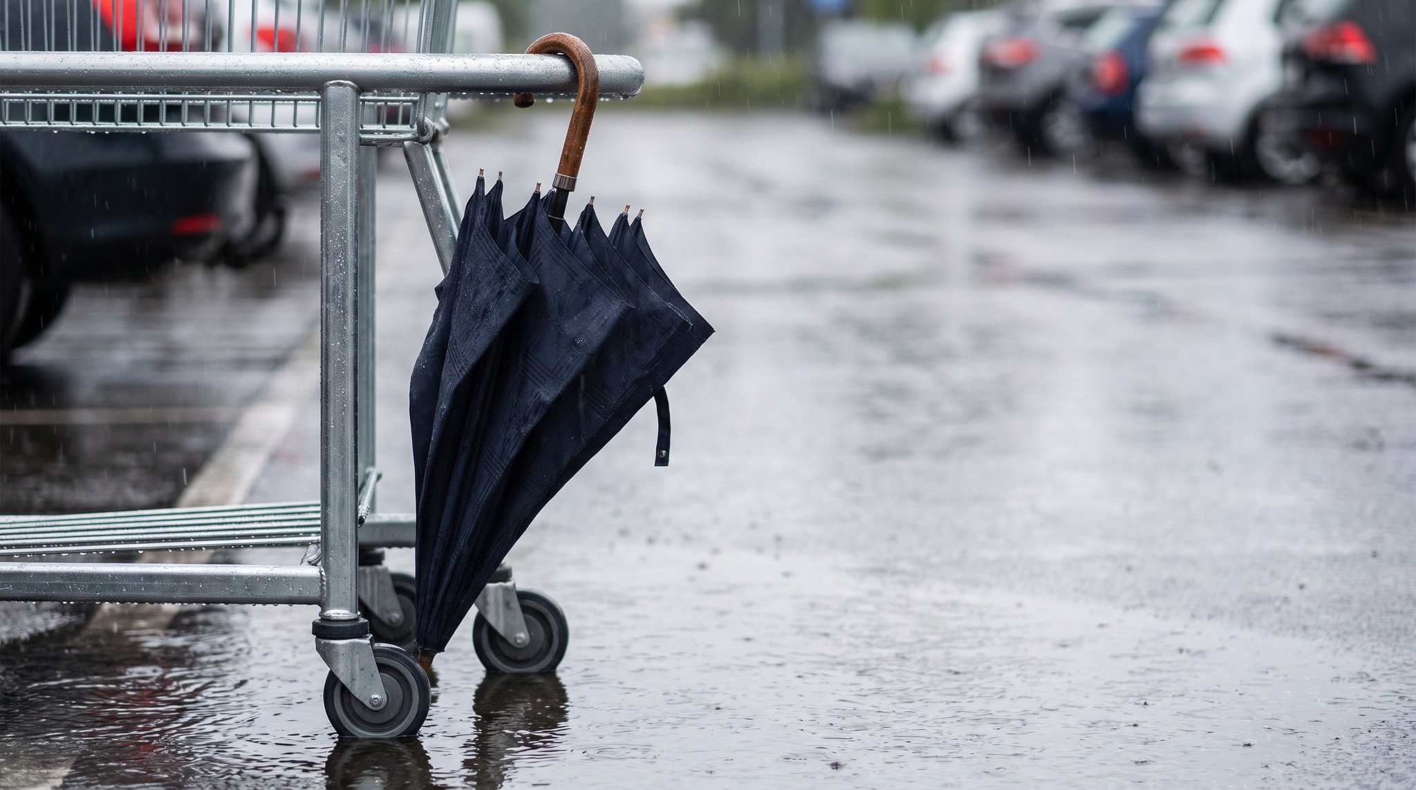 Regenschirm beim Einkaufen: Griff am Einkaufswagen und nasse Hände