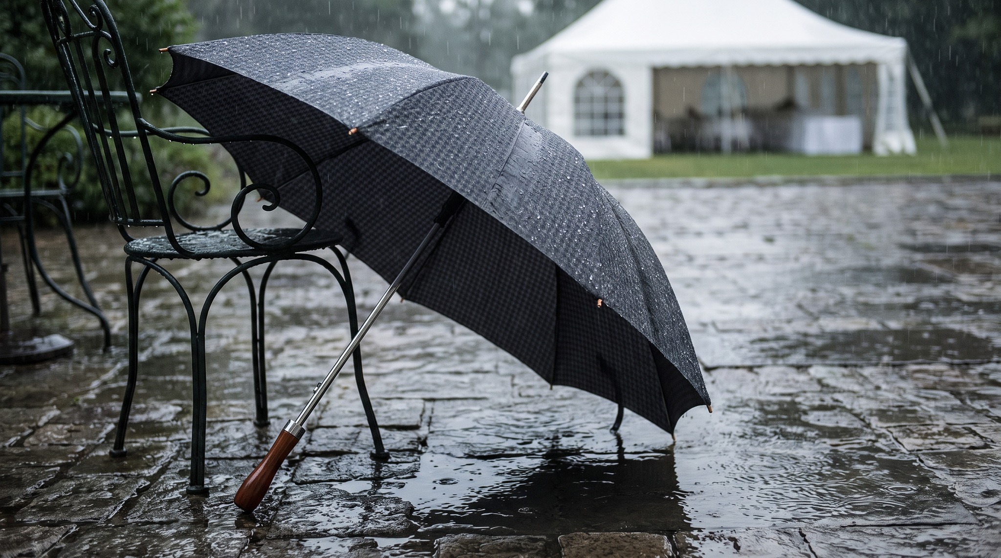 Umbrellas at Garden Parties: Rain, Lawn and Rows of Chairs