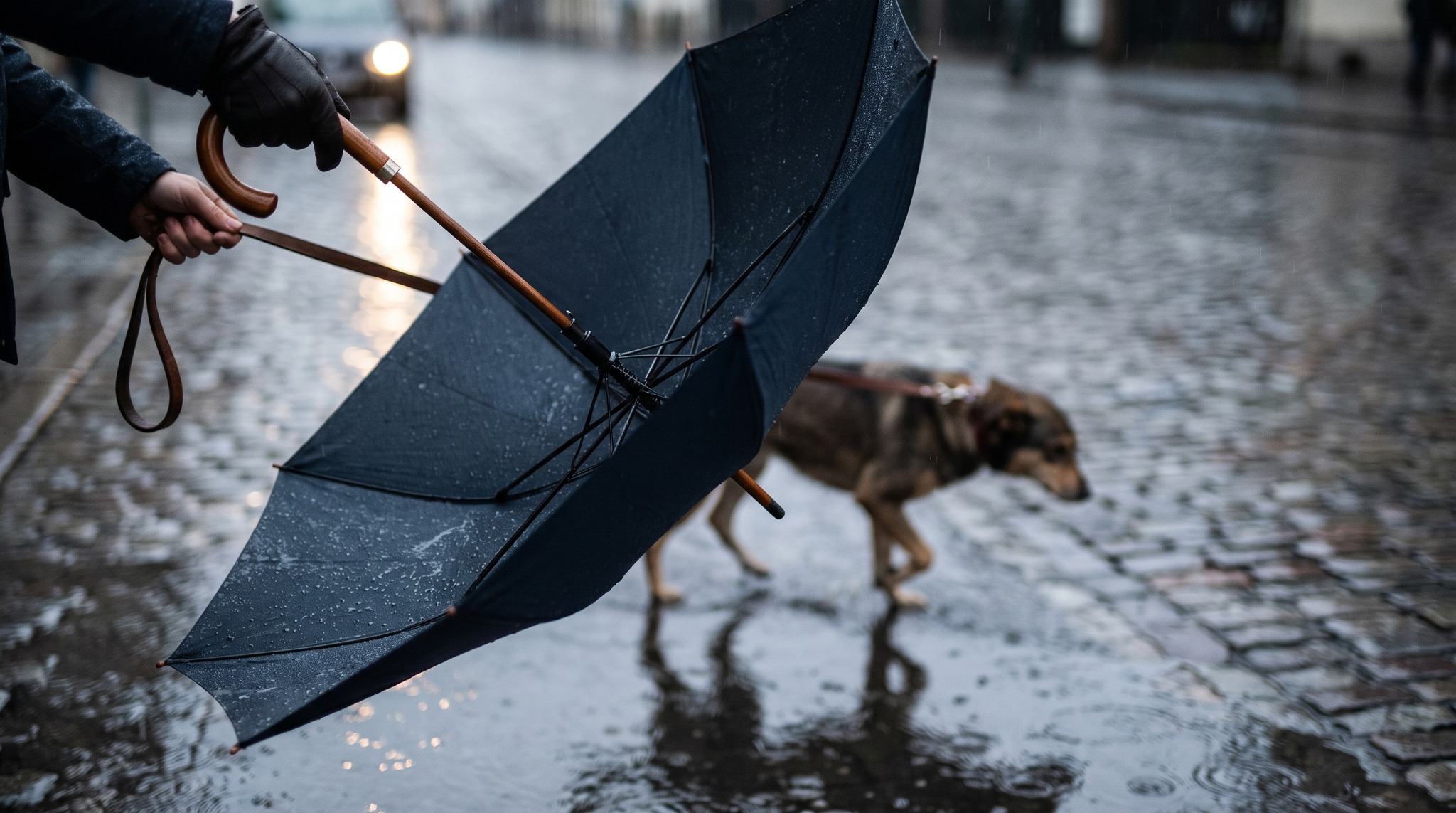 Umbrella When Walking the Dog: Lead and Handle in One Hand