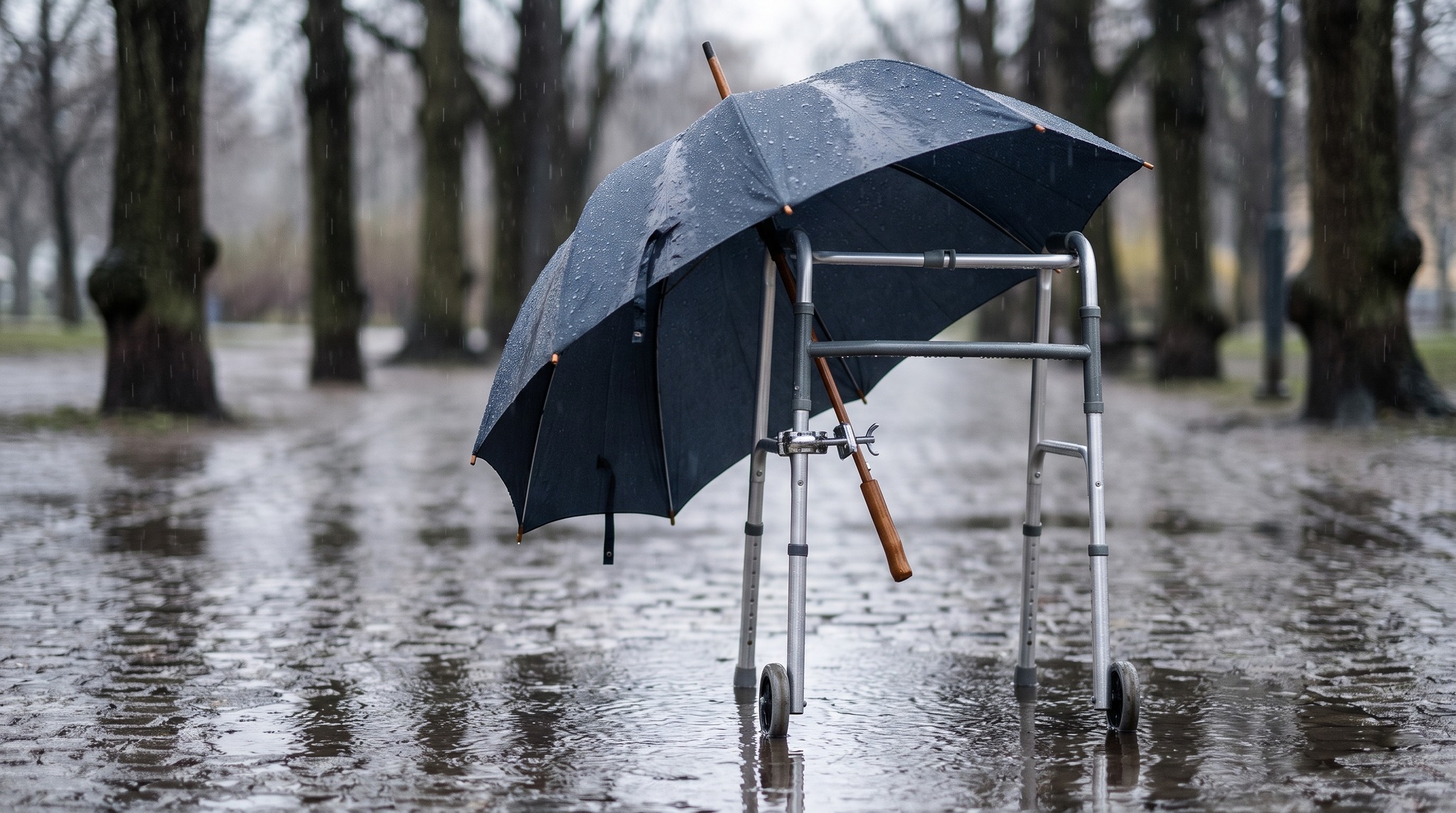 Der Regenschirm beim Spaziergang mit Rollator: Griff, Balance und Sicht