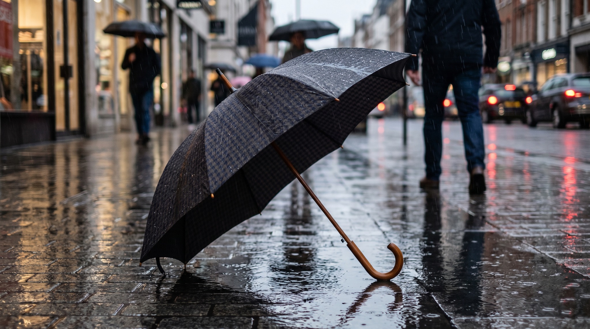 Umbrella on a City Walk: Pace, Distance and Oncoming Traffic