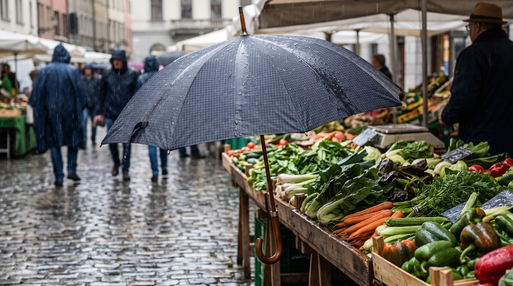 Schirm auf dem Wochenmarkt: Stand, Ware und Gedränge