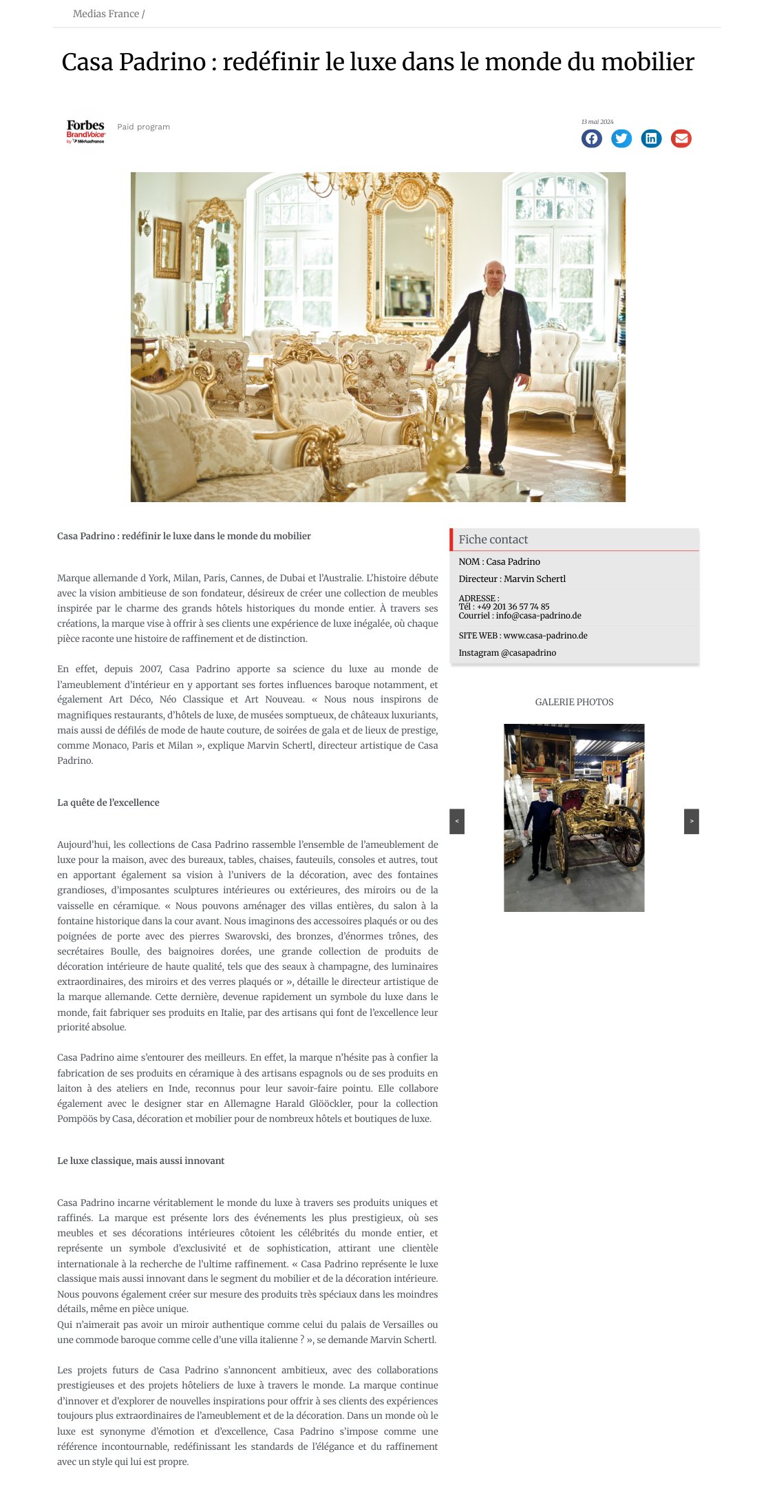 L'article de Forbes France sur Casa Padrino du 13 mai 2024