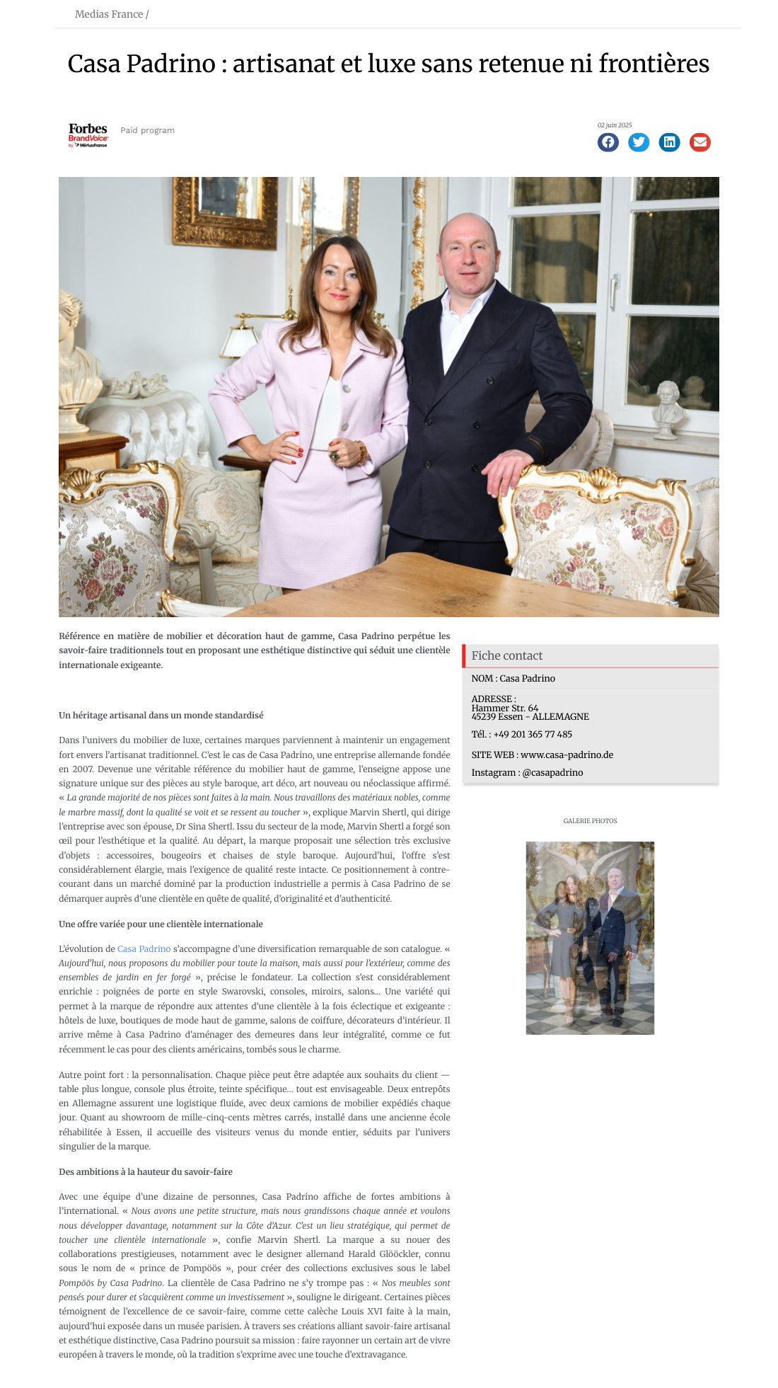 L'article de Forbes France sur l'artisanat de Casa Padrino, 2 juin 2025