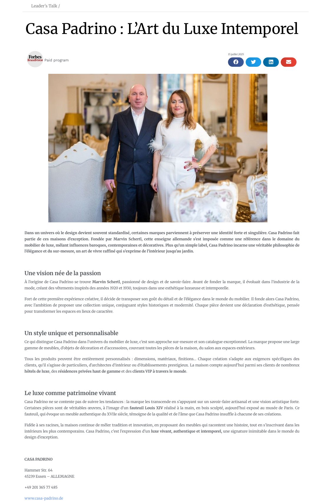 Der Forbes-France-Beitrag Leader's Talk über Casa Padrino, 15. Juli 2025
