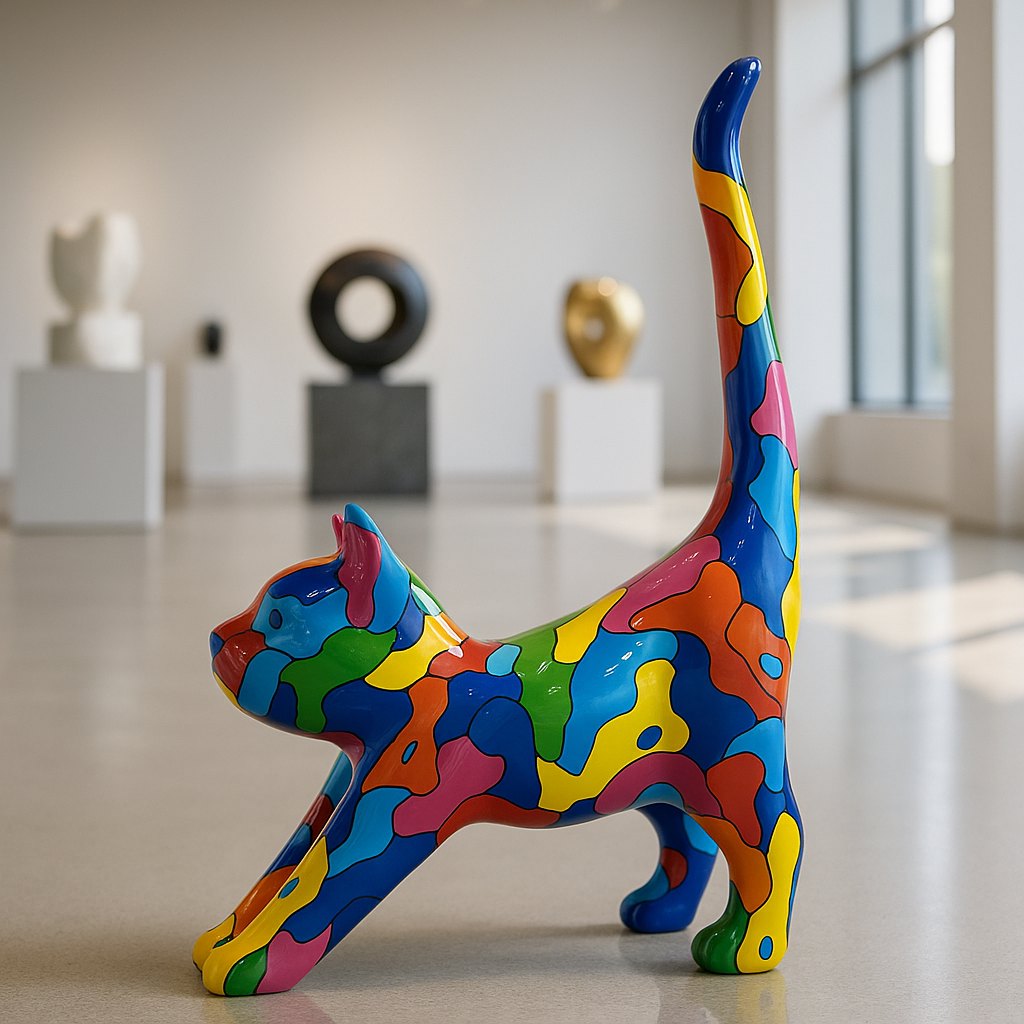 Cat Figurines elegantly arranged on stone floor, resin material