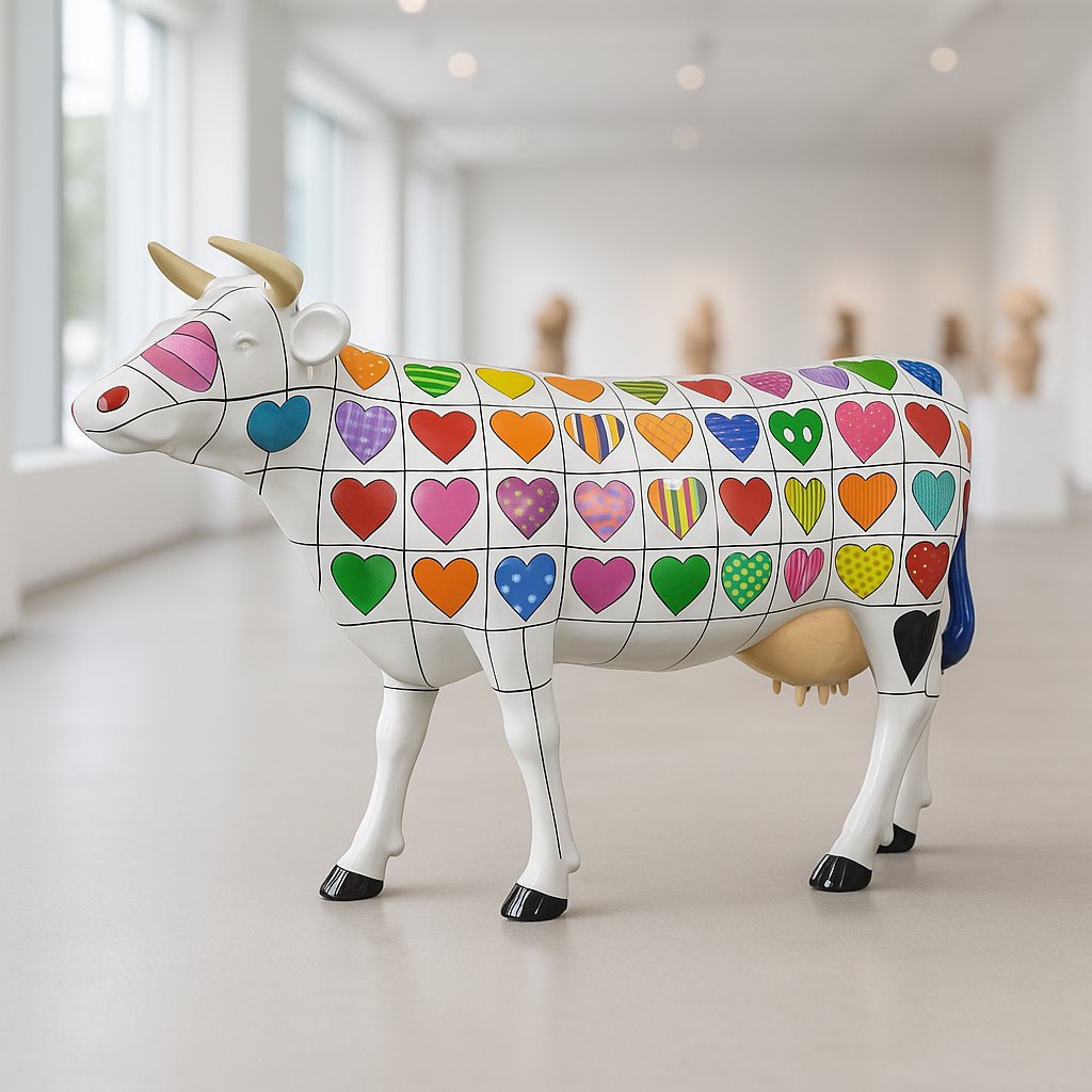 Cow Figures displayed in bright gallery, fiberglass construction