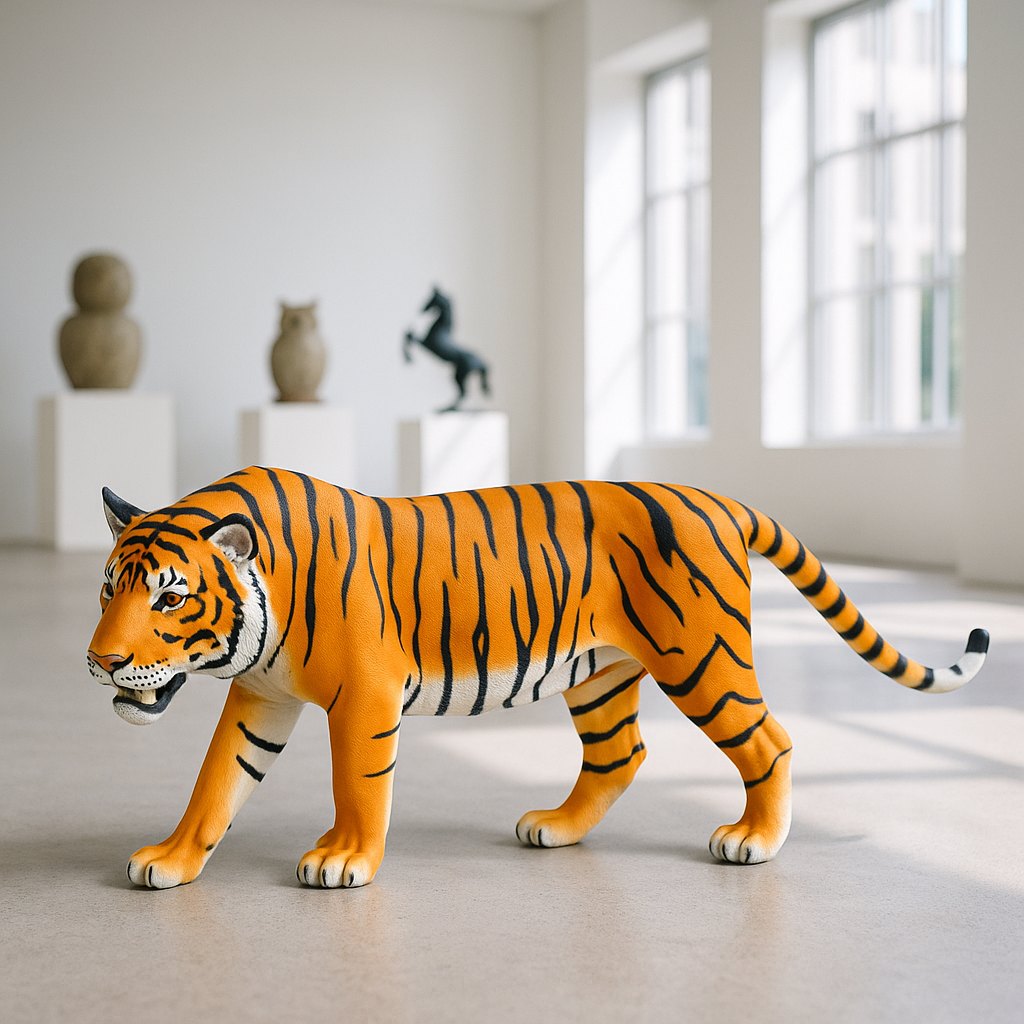 Tiger Figures surrounded by other sculptures in gallery