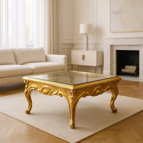 Tables d'appoint de style baroque dans un salon lumineux au parquet en point de Hongrie