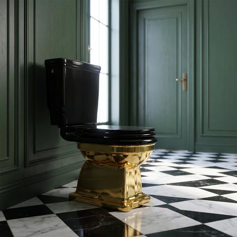 Stand WC in Schwarz und Gold im Gäste WC mit Schachbrettboden