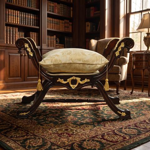 Baroque cross-frame stool with light cushion in a library