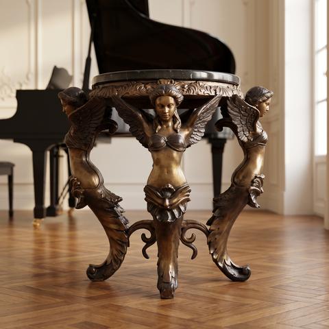 Baroque round stool with bronze figures beside a grand piano