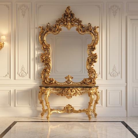 Barockstil Spiegelkonsole aus Nussbaum mit Gold und großem Spiegel