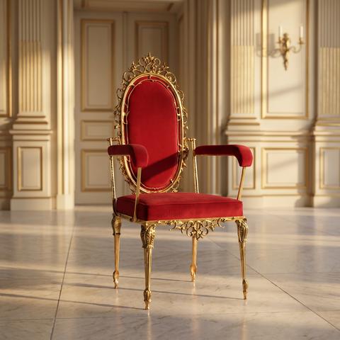 Luxury baroque chair with armrests, red velvet and gilded frame in a reception hall