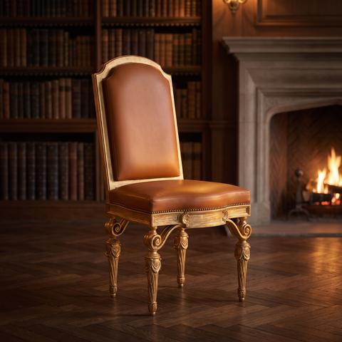 Luxury baroque chair without armrests in cognac leather with carved gilded frame