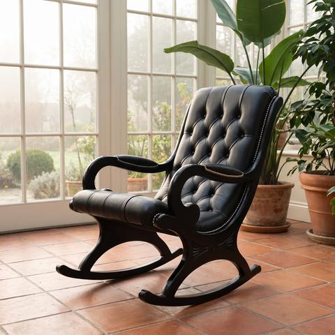 Baroque rocking chair in dark leather in a conservatory
