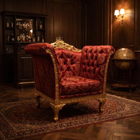 Baroque armchair in red and gold in a gentlemans room