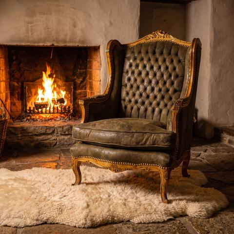 Baroque wing chair with cowhide upholstery by an open fire