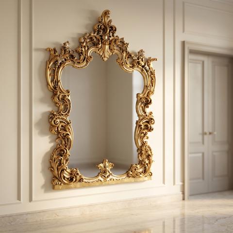 Baroque wall mirror with gilded carved frame and crest