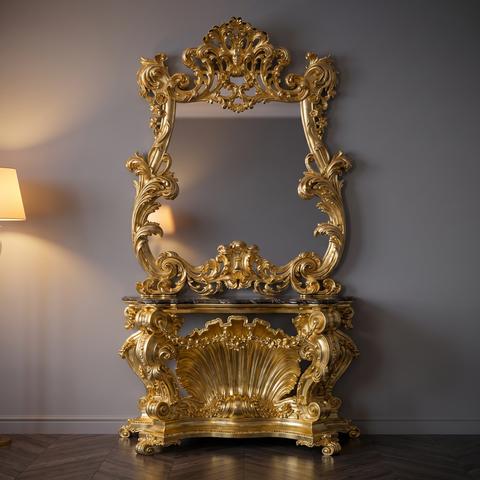 Baroque mirror console in gilded carved wood with marble top