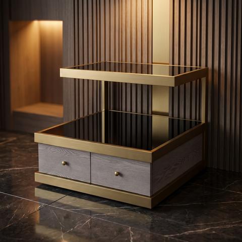 Tavolino in ottone con piano in vetro nero e due cassetti