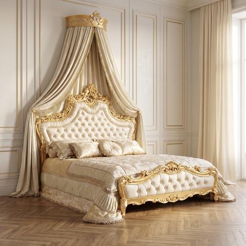 Baroque bed with tall buttoned headboard in cream and gold