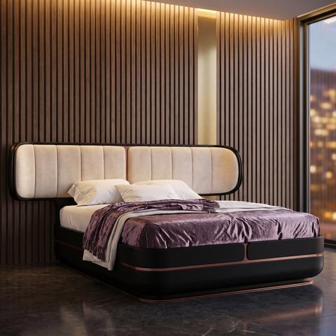 Modern upholstered bed in cream and black with curved headboard
