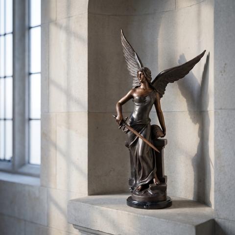 Figura di angelo in bronzo in una nicchia in pietra