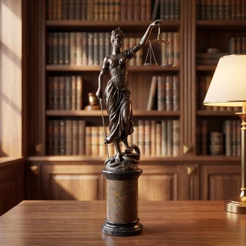 Bronze figure of Justitia with scales on a column base