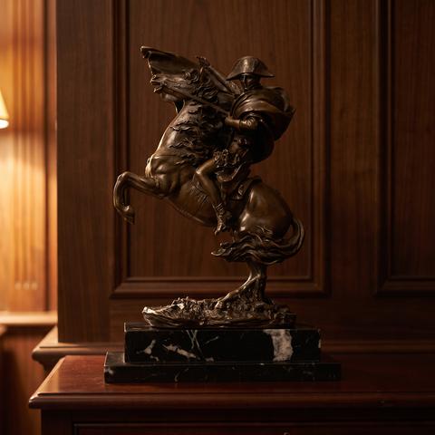 Military bronze figure, rider on horseback on a marble base