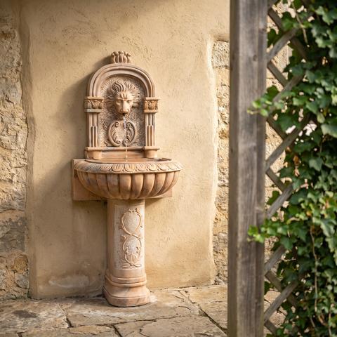 Wandbrunnen aus Sandstein mit Löwenkopf und halbrunder Schale
