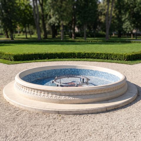 Runde Springbrunnen Umrandung aus hellem Stein im Park