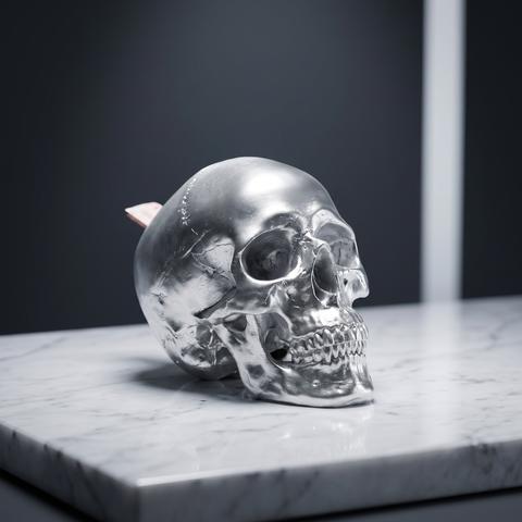 Hucha con forma de calavera en metal pulido